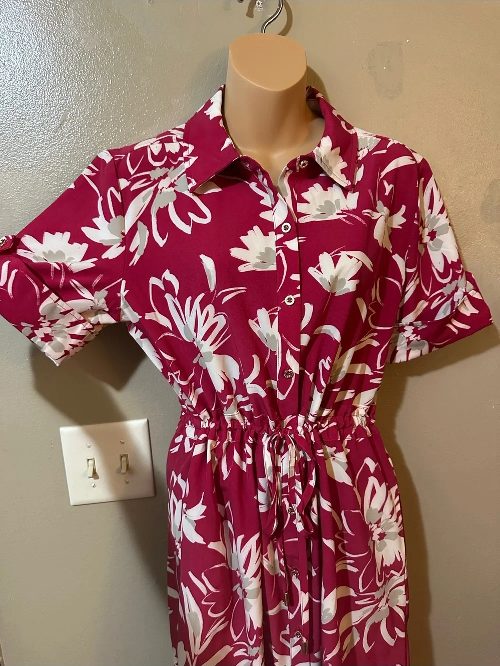 Halston Heritage Pink Floral Button-Front Mini Dress Cinched Waist Resort Wear M